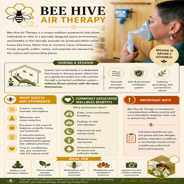 An informational infographic poster for Bee Hive Air Therapy, featuring a honey bee illustration, a photo of a person holding a honey pot, and multiple sections detailing the experience, benefits, and precautions in a green and orange color scheme.
